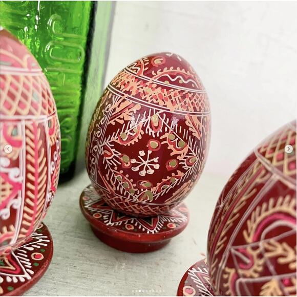 Vintage Hand-Painted Wood Resin Easter Egg Plus Base Pysanky Brown Orange SET 3 - Picture 3 of 10